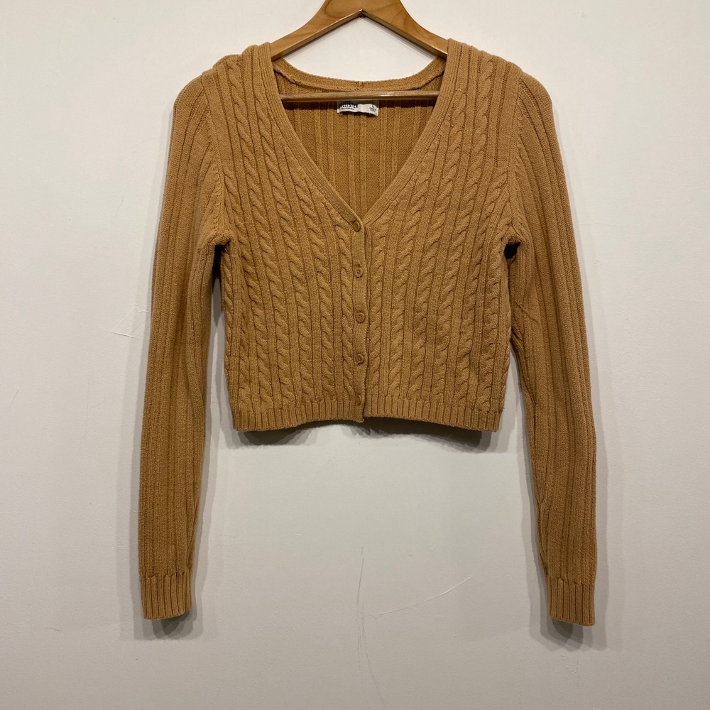 Hollister Womens Cropped Cable Knit Cardigan Sweater Tan Brown Button‎ Front L